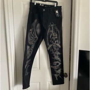 Mens’ Waimea black jeans with skeleton design.  sz 38 NWT.  30”inseam.